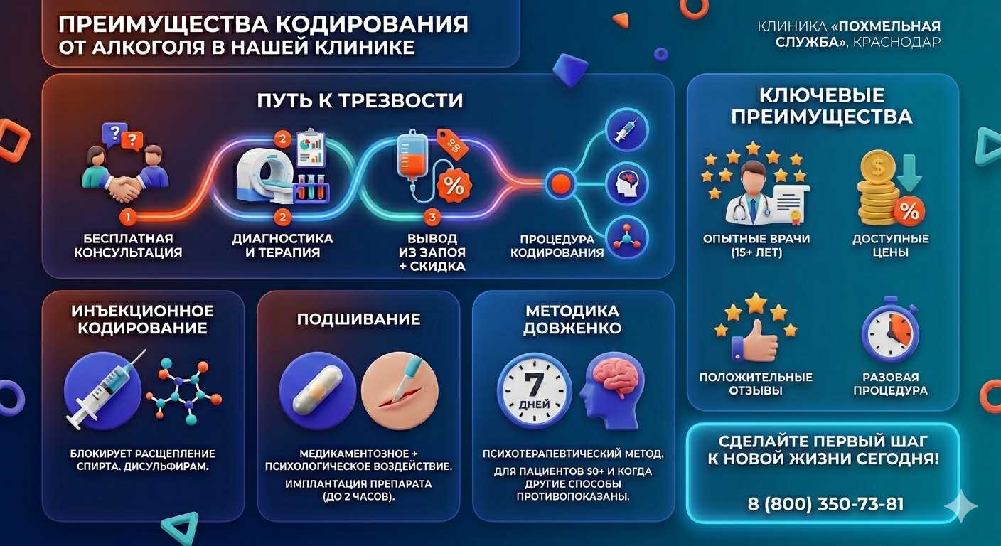 Инфографика о методах кодирования от алкоголя в Долгопрудном: инъекции, подшивание, метод Довженко. Преимущества клиники и этапы лечения.